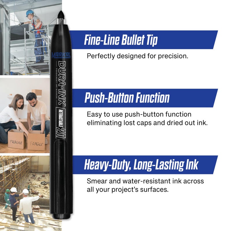 Markal Dura-Ink 20 Fine-Line Retractable Permanent Ink Marker, Versatile Surface Compatibility, Bold Mark Size 1.15â€, Black - Image 2
